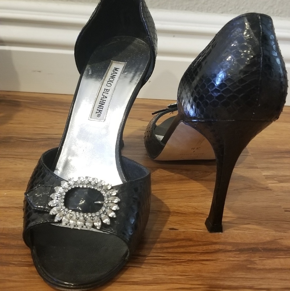 Manolo Blahnik vintage black leather heels open toe 38/8